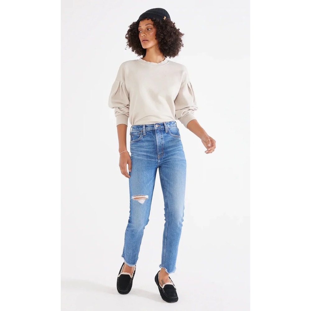 ética Scarlet Mid Rise Slim Distressed Raw Hem Jeans 28 Blue Straight Denim